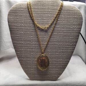 Goldtone Textured Oval Pendant and Delicate Chain